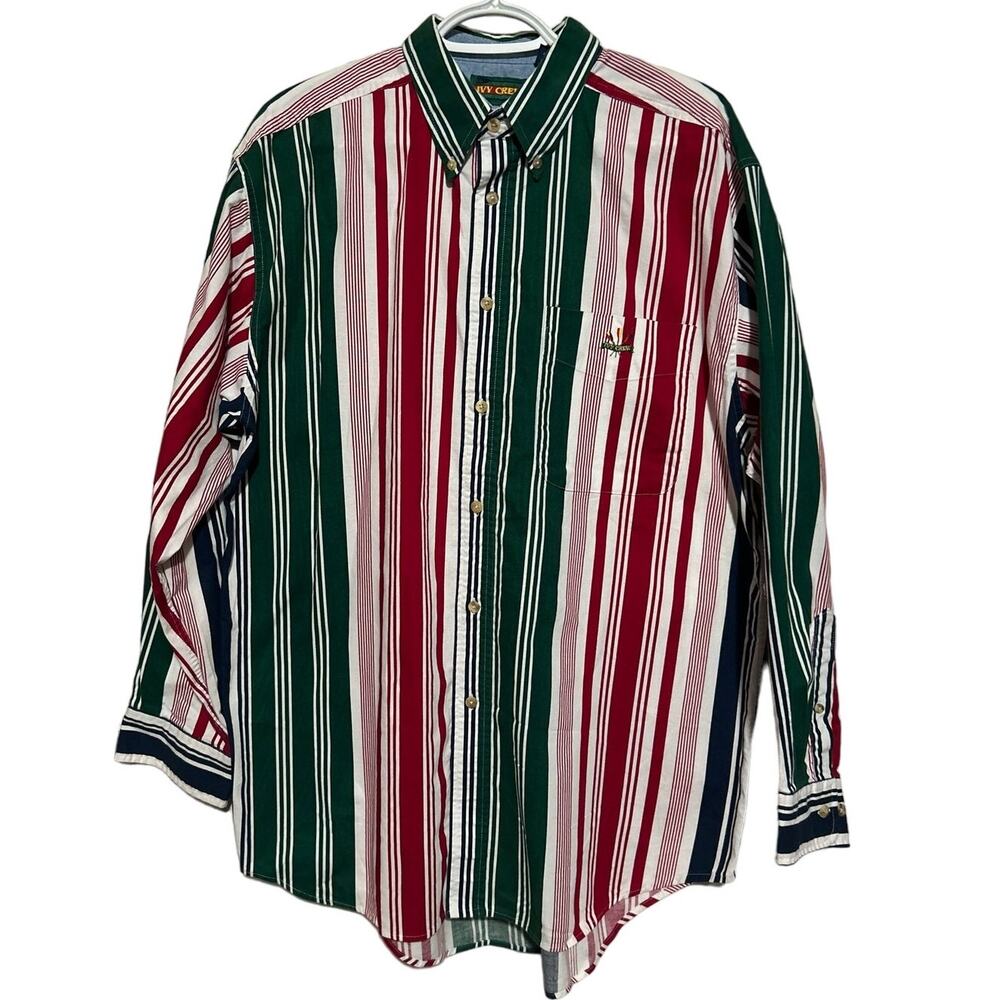 Ivy Crew Men's Red Green‎ Blue Striped Long Sleeve Button Front Shirt Size L